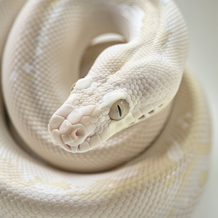 Close-up of a striking white snake showcasing its smooth scales and delicate features, perfect for capturing the elegance of wildlife and exotic animals in nature.の素材