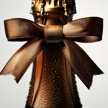 A stunning champagne bottle styled with a shiny gold ribbon bow and adorned with droplets, ideal for capturing the essence of luxury during festive celebrations.の素材