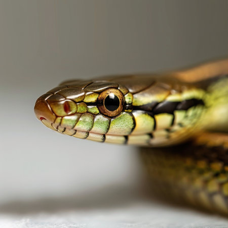 This close-up photograph captures the stunning details of a colorful snake, showcasing its vibrant scales and expressive eyes, highlighting the beauty of wildlife.の素材