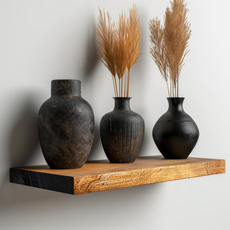 Elegant trio of vases adorned with dried plants resting on a wooden shelf, creating a perfect minimalist decor accent for modern interior spaces.の素材