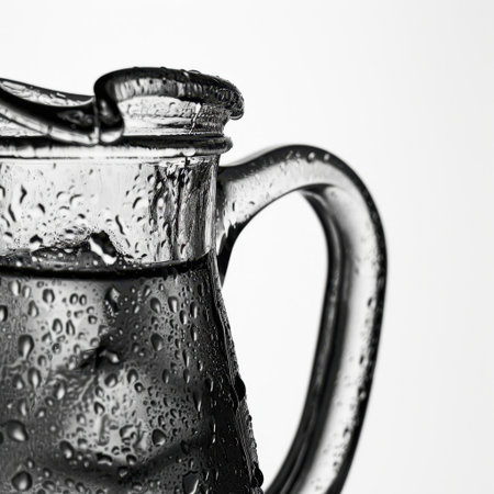A stunning glass pitcher filled with refreshing water, exhibiting intricate drops of condensation. Perfect for showcasing elegance and hydration in any setting.の素材