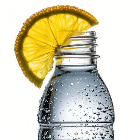 A refreshing image featuring a lemon slice perched on a sparkling water bottle, showcasing droplets and bubbles for hydration and freshness in a bright setting.の素材