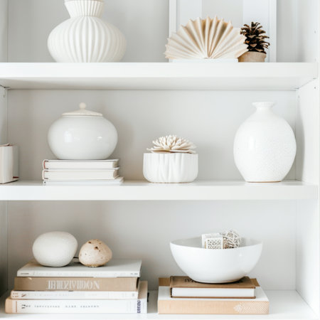 Clean and elegant shelves showcase a variety of decorative vases and objects, offering inspiration for minimalist home decor and creative interior styling ideas.の素材