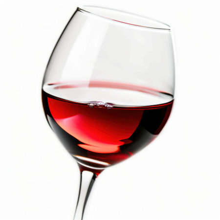 This image features an elegant red wine glass showcasing rich wine with beautiful reflections and bubbles, ideal for culinary inspiration or celebration occasions.の素材