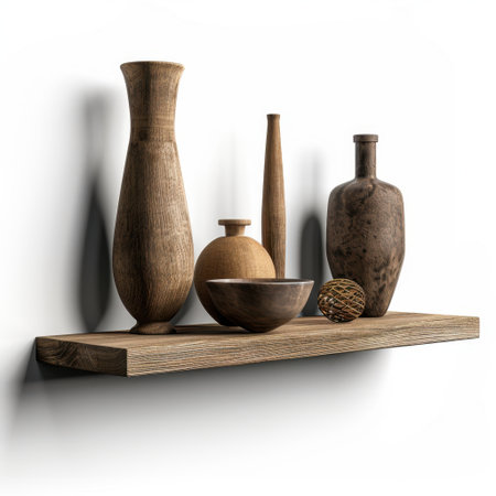 A rustic wooden shelf features an artistic arrangement of decorative vases and bowls in a modern minimalist style, showcasing natural textures and warm tones for interior decor.の素材