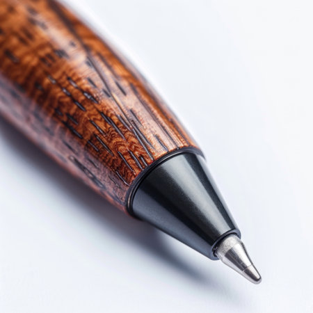 This close-up image features an elegant wooden pen showcasing intricate texture and a sleek black metal tip, perfect for illustrating quality writing tools in your projects.の素材