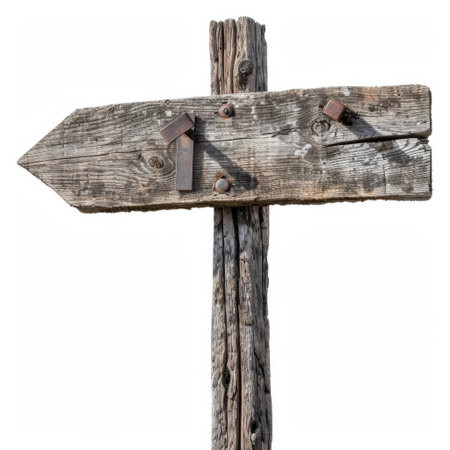 A rustic wooden signpost featuring multiple arrows, ideal for tourism and outdoor exploration themes. The weathered texture adds character to navigation imagery.の素材