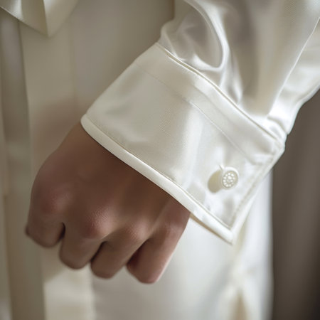 Close-up of a stylish white shirt showcasing intricate button detail and sleeve design, ideal for capturing the essence of elegance and sophistication in fashion photography.の素材