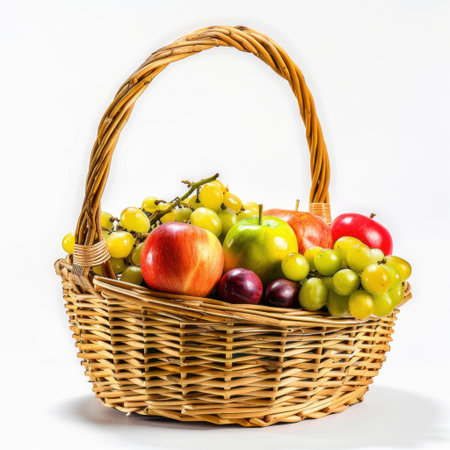 A vibrant fruit basket filled with assorted apples, juicy grapes, and fresh pears against a light background suitable for health and nutrition themes.の素材