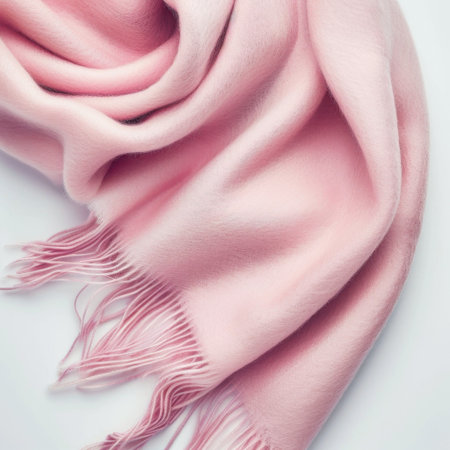 A luxurious soft pink cashmere scarf gracefully drapes across a white surface, showcasing its elegant texture and warmth, perfect for winter fashion and cozy style.の素材