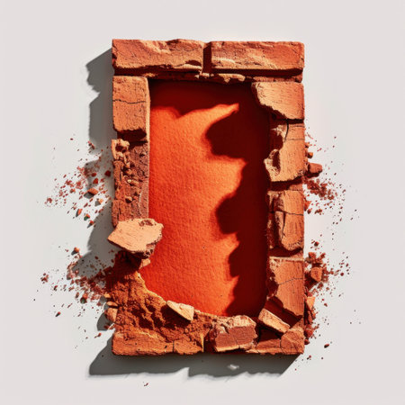 This image showcases an abstract red frame surrounded by broken brick, presenting a unique colorful texture against a light background. Ideal for artistic projects.の素材