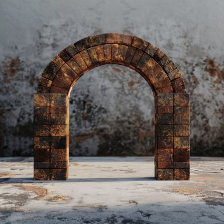 A weathered stone archway stands prominently against a textured backdrop, showcasing rustic charm and historical elegance. Ideal for artistic and architectural themes.の素材
