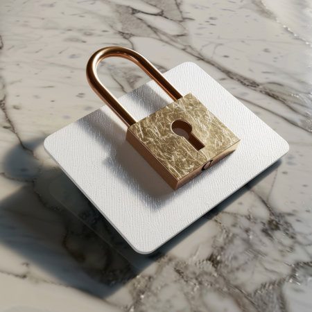 A luxurious golden padlock rests on a stylish white textured surface, showcasing a marble background. This image conveys themes of security, elegance, and modern design.の素材