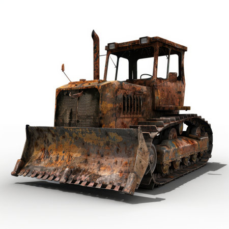 A rusty bulldozer showcasing significant wear and tear, well-suited for themes related to construction, machinery, and industrial settings with a white background.の素材