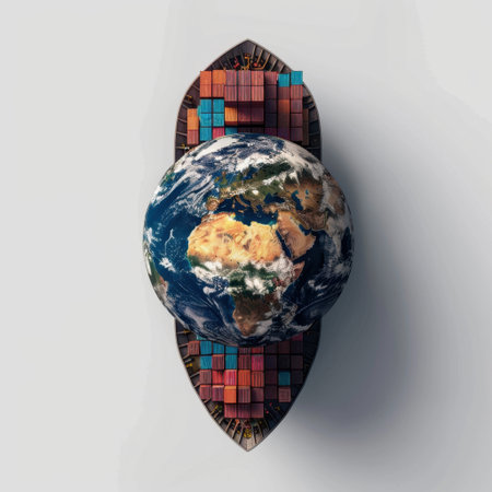 This imaginative image depicts the Earth set atop a cargo ship surrounded by vibrant shipping containers, symbolizing global trade and commerce.の素材