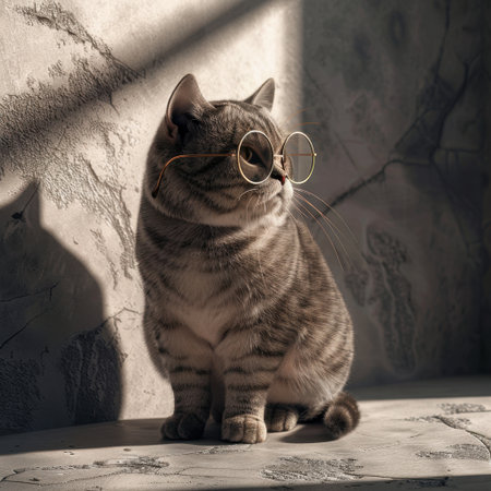 A charming cat wearing glasses sits thoughtfully against a textured wall, basking in soft sunlight. This adorable scene captures the playful yet serene nature of a feline companion, creating a warm atmosphere.の素材