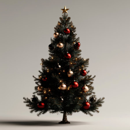 This vibrant Christmas tree features shiny ornaments and warm lights, creating a festive atmosphere. Perfect for capturing the essence of holiday joy and celebration.の素材