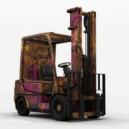 This unique forklift showcases vibrant graffiti art, blending functionality with urban aesthetics, perfect for modern industrial settings.の素材