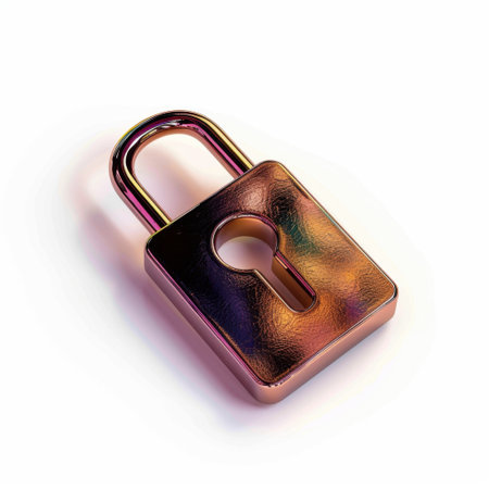 This image features an iridescent padlock resting on a white background, representing security and trust. Its glossy finish and modern design make it ideal for concepts related to protection, privacy, and digital safety.の素材