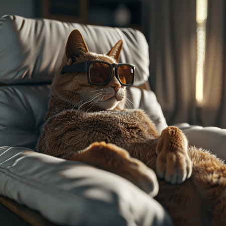 A stylish and relaxed cat wearing sunglasses lounges on a soft sofa in a cozy living room filled with warm natural light. Perfect for pet lovers!の素材