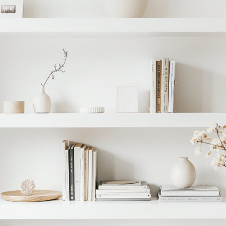 A serene and minimalist interior featuring white shelves adorned with decorative objects and books. This stylish arrangement brings a calm elegance to home decor.の素材