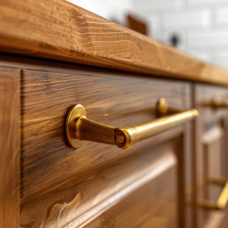 This image features a detailed close-up of a wooden kitchen drawer with a golden handle, highlighting intricate grain patterns in a modern culinary setting.の素材