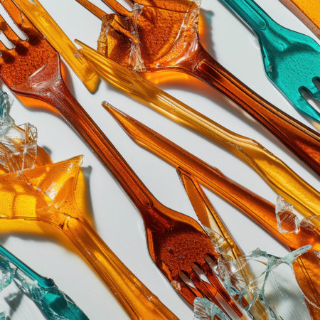 This striking image showcases an array of colorful disposable forks mingled with shards of glass, creating a creative and eye-catching visual for various designs.の素材