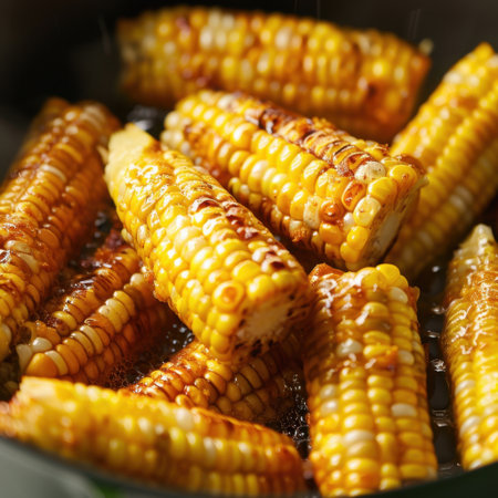 Enjoy the vibrant and enticing appearance of golden grilled corn on the cob, showcasing beautiful char marks and juicy kernels, perfect for any summer occasion.の素材