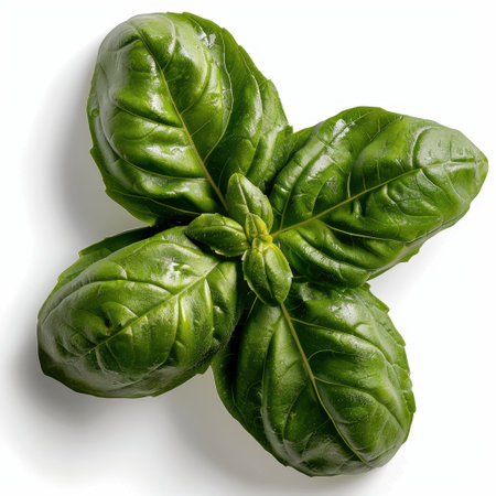 A stunning portrayal of a fresh basil leaf cluster, highlighting its rich green color and glossy texture. Perfect for culinary and botanical applications, this image captures the essence of freshness.の素材