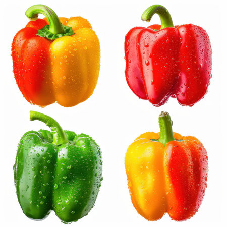 This image showcases four bell peppers in vibrant colors, each adorned with glistening water droplets, emphasizing freshness and appeal for healthy cooking.の素材