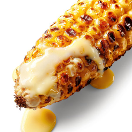 A close-up shot of grilled corn on the cob, generously topped with butter and a drizzling sauce, perfect for summer gatherings and outdoor barbecues.の素材