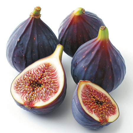 Fresh figs showcasing rich purple skin and vibrant red flesh are ideal for healthy eating. Perfect for culinary creations and nutritious snacking options.の素材