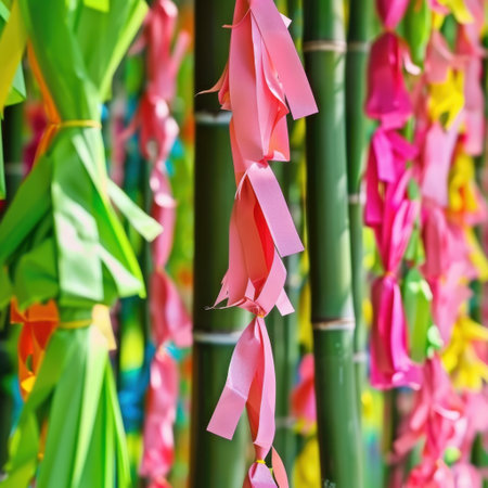 Vibrant photo of colorful ribbons hanging from green bamboo, creating a festive and joyful atmosphere. Perfect for depicting celebrations and cheerful events.の素材