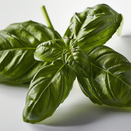 Fresh basil leaves displayed against a light background, showcasing rich green color and smooth texture. Ideal for culinary applications, offering vibrant flavor and aroma.の素材