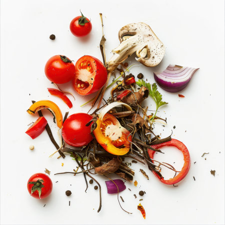 A vibrant display featuring a mix of fresh vegetables and organic matter on a pristine white background, ideal for culinary projects, food blogs, and healthy meal inspiration.の素材