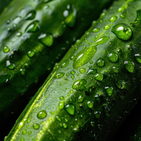 This close-up image features vibrant green leaves, adorned with glistening water drops. The detail highlights the textures of nature, evoking freshness and vitality.の素材