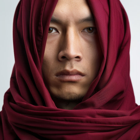 This image features an intense portrait of a young man enveloped in red fabric, showcasing deep emotion and cultural identity through thoughtful expression and striking detail.の素材