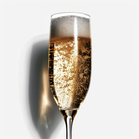 A stunning image of sparkling champagne in a sleek fluted glass, showcasing the captivating bubbles and effervescence against a vibrant white background. Perfect for celebrations!の素材