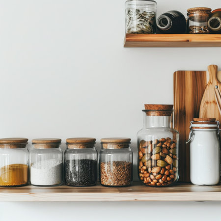 A beautifully organized kitchen pantry showcasing a variety of glass jars filled with spices, grains, and nuts, set against a bright wall for a modern feel.の素材