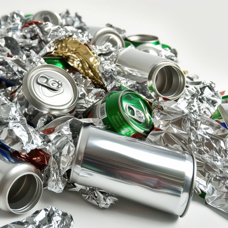 A disorganized pile of crushed aluminum cans and shiny foil waste creates a striking abstract image, emphasizing the need for recycling and environmental responsibility.の素材