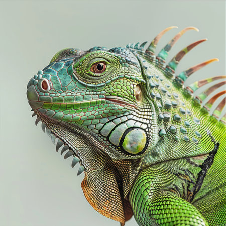 This close-up image showcases an iguana's vibrant green scales and intricate skin patterns, highlighting its unique beauty in natural light and offering a captivating view of wildlife.の素材