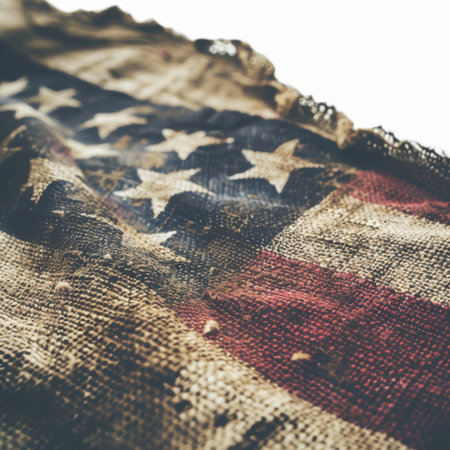 A weathered American flag shows signs of wear with faded colors, embodying a sense of nostalgia and patriotism, perfect for themes of heritage and history.の素材
