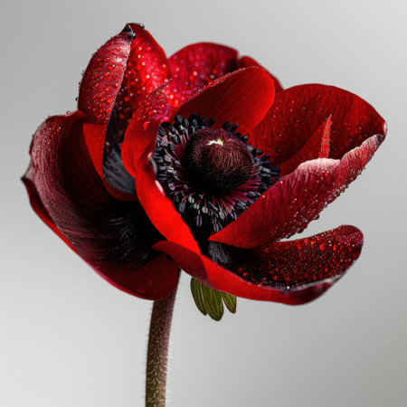 A captivating close-up of a red anemone flower adorned with glistening water droplets. This image showcases the intricate details of the petals, perfect for nature lovers.の素材