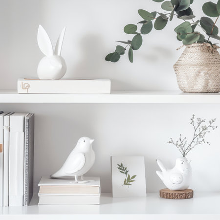 Discover a serene and stylish setting featuring minimalistic home decor. The fresh greenery and simple white accessories create an elegant and inviting atmosphere.の素材