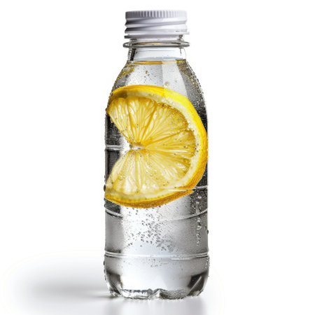 A clear bottle of refreshing lemon water with a vibrant lemon slice, offering a crisp look perfect for summer hydration and healthy living.の素材