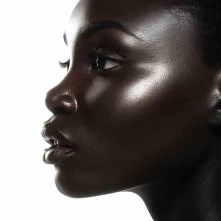 This captivating profile captures the essence of beauty and confidence. The soft lighting highlights radiant skin, showcasing unique features and elegance effortlessly.の素材
