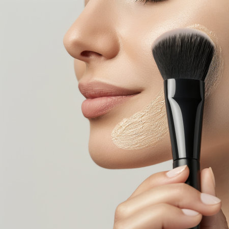 A close-up view of a woman applying foundation with a brush, showcasing a smooth and radiant complexion as part of her daily beauty routine and skincare regimen.の素材