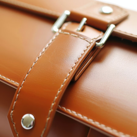 Close-up of an elegant brown leather strap featuring a shiny silver buckle, showcasing beautiful craftsmanship and smooth textures for stylish accessories.の素材