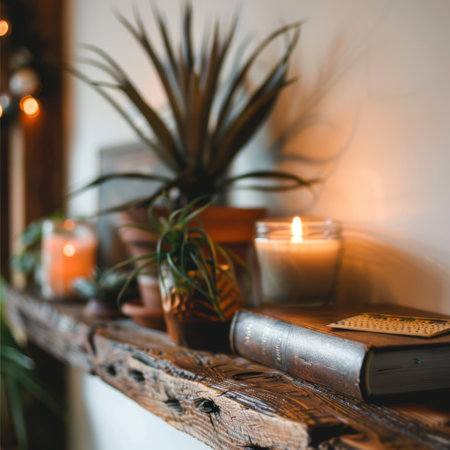 A serene indoor setting featuring a wooden shelf adorned with a succulent plant, a glowing scented candle, and a vintage book, evoking a sense of warmth and tranquility.の素材