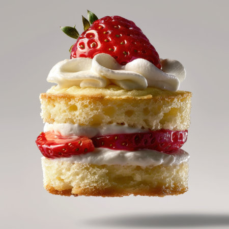 A beautifully layered strawberry shortcake featuring fresh strawberries and whipped cream, perfect for dessert lovers looking for a sweet treat.の素材